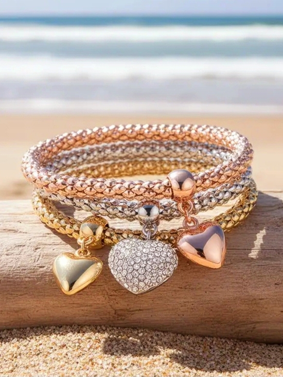 Jewelry - Multi-Tone Heart Charm Bracelet Set - Gold, Silver & Rose Gold
